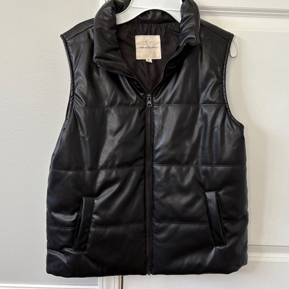 Thread & Supply Black Quilted Faux Leather Puffer Vest